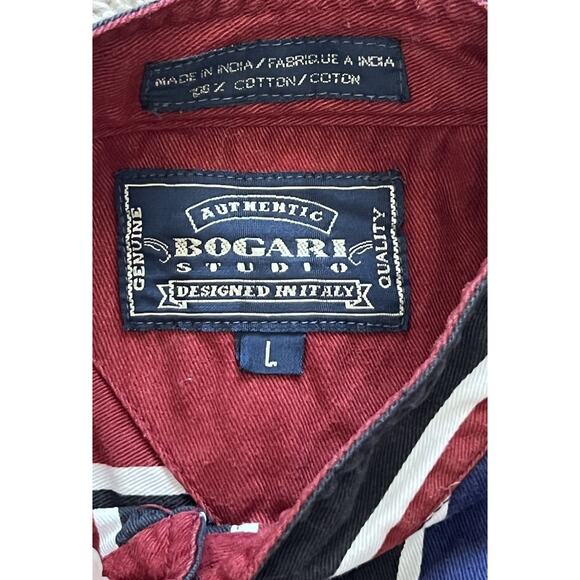 Vtg BOGARI Mens L Button Down Shirt Y2K Band Collar Striped Colorblock - Picture 2 of 3